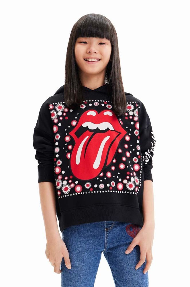 Дитяча бавовняна кофта Desigual 23WGSK08 SWEAT LONG SLEEVE колір чорний з капюшоном з принтом