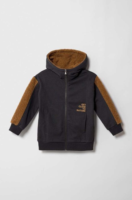 Дитяча кофта Sisley колір чорний з капюшоном візерунок