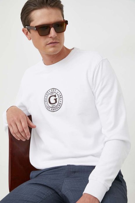 Бавовняна кофта Guess чоловіча колір білий з аплікацією