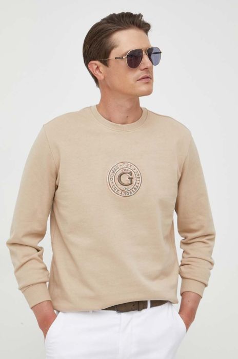 Бавовняна кофта Guess чоловіча колір бежевий з аплікацією
