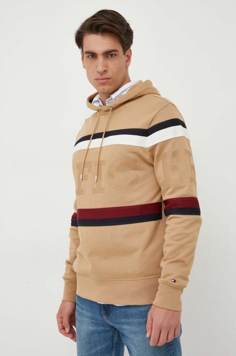 Бавовняна кофта Tommy Hilfiger чоловіча колір бежевий з капюшоном візерунок