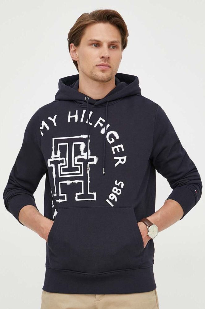 Бавовняна кофта Tommy Hilfiger чоловіча колір синій з капюшоном з принтом