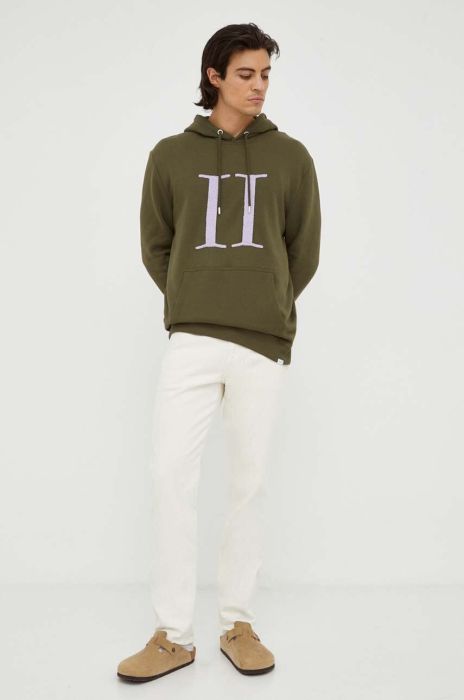 Бавовняна кофта Les Deux чоловіча колір зелений з капюшоном меланж