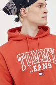 Бавовняна кофта Tommy Jeans чоловіча колір помаранчевий з капюшоном з принтом