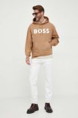 Бавовняна кофта BOSS чоловіча колір бежевий з капюшоном з принтом (3353967)