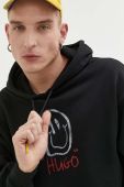 Бавовняна кофта HUGO чоловіча колір чорний з капюшоном з принтом (3259787)