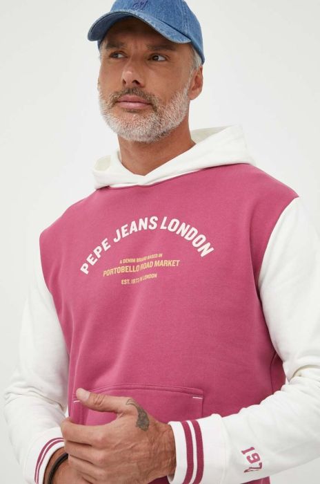 Бавовняна кофта Pepe Jeans Medley чоловіча колір рожевий з капюшоном з принтом