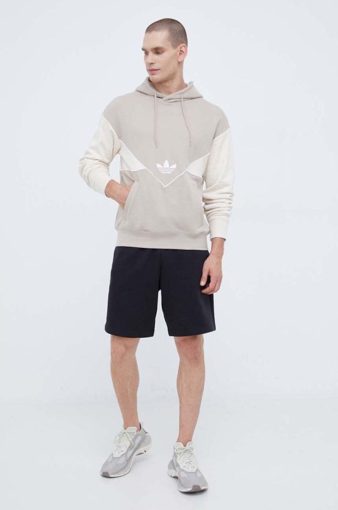 Бавовняна кофта adidas Originals чоловіча колір бежевий з капюшоном візерунок