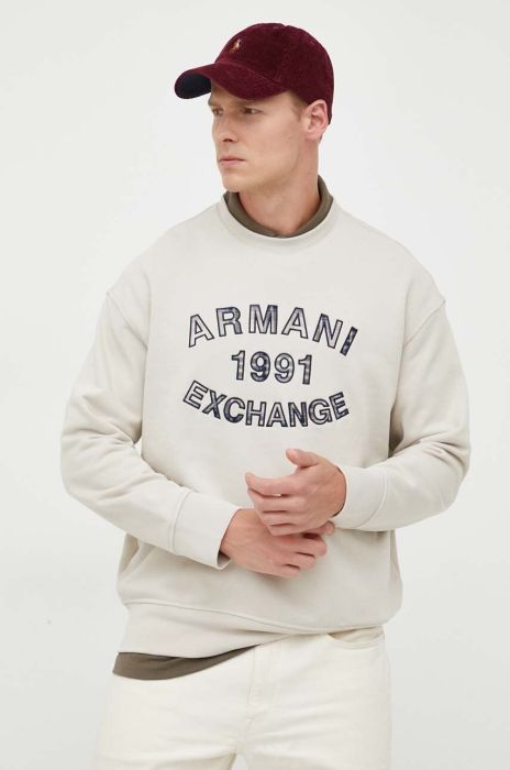 Бавовняна кофта Armani Exchange чоловіча колір бежевий з аплікацією