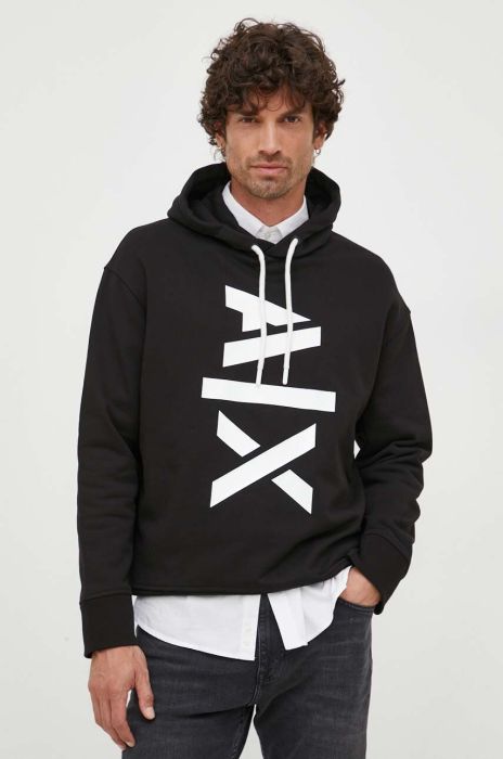 Бавовняна кофта Armani Exchange чоловіча колір чорний з капюшоном з принтом (3437094)