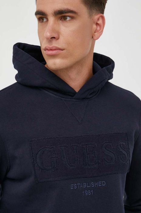 Кофта Guess чоловіча колір синій з капюшоном з аплікацією (3597446)