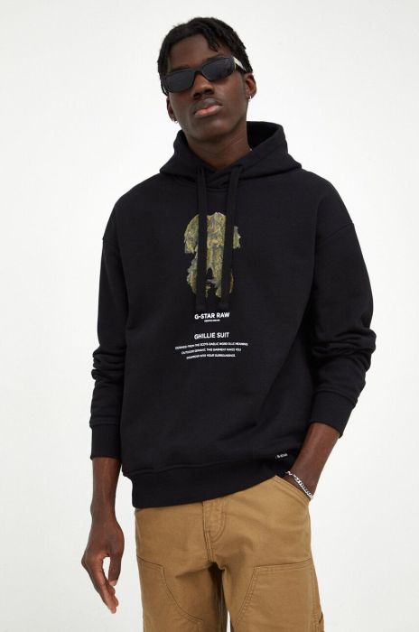 Бавовняна кофта G-Star Raw чоловіча колір чорний з капюшоном з принтом (3527458)