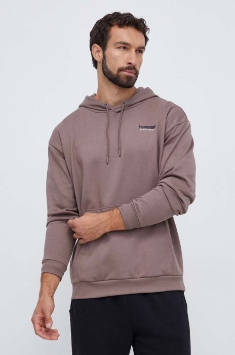 Бавовняна кофта Hummel чоловіча колір коричневий з капюшоном однотонна