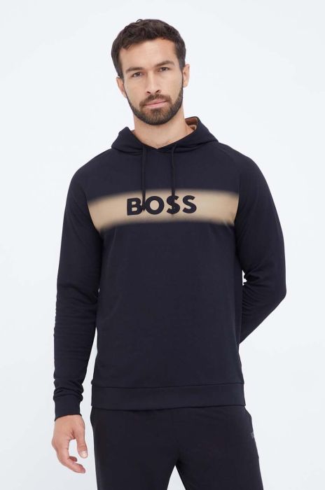 Бавовняна кофта лаунж BOSS колір чорний з капюшоном з принтом (3506689)