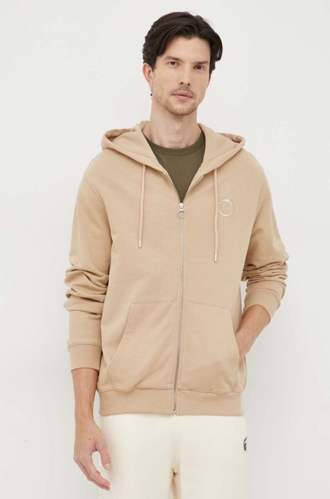Бавовняна кофта Trussardi чоловіча колір бежевий з капюшоном з аплікацією