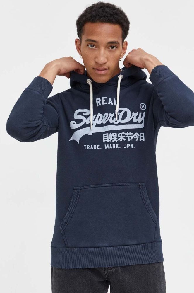 Кофта Superdry чоловіча колір синій з капюшоном з принтом (3476915)