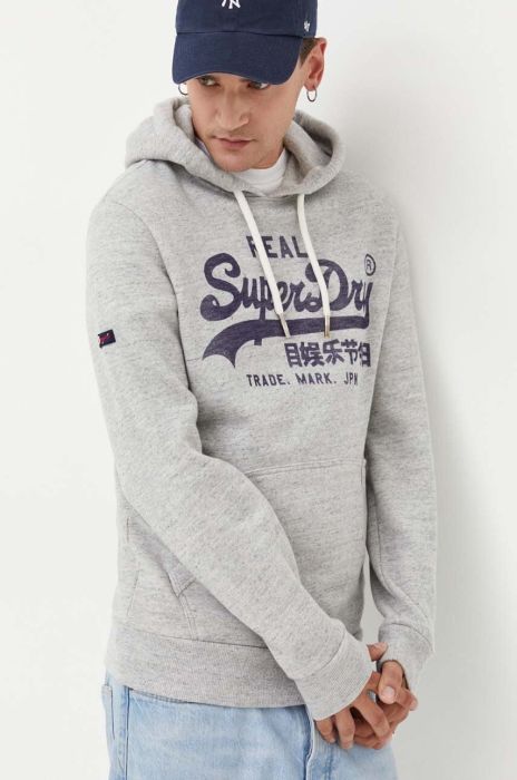 Кофта Superdry чоловіча колір сірий з капюшоном з принтом (3624916)