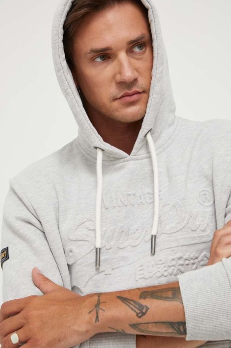 Кофта Superdry чоловіча колір сірий з капюшоном з аплікацією