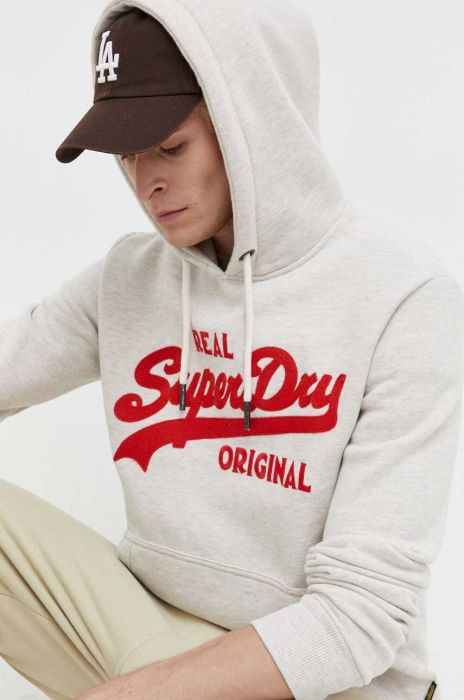 Кофта Superdry чоловіча колір бежевий з капюшоном з аплікацією