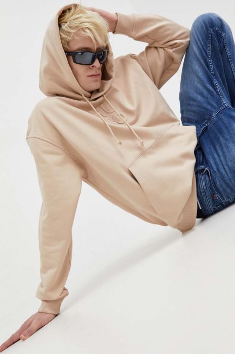 Бавовняна кофта HUGO чоловіча колір бежевий з капюшоном однотонна (3506706)