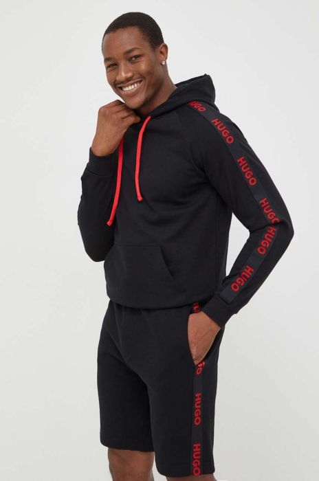 Бавовняна кофта лаунж HUGO колір чорний з капюшоном з аплікацією (3500026)