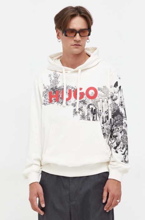 Бавовняна кофта HUGO чоловіча колір бежевий з капюшоном з принтом