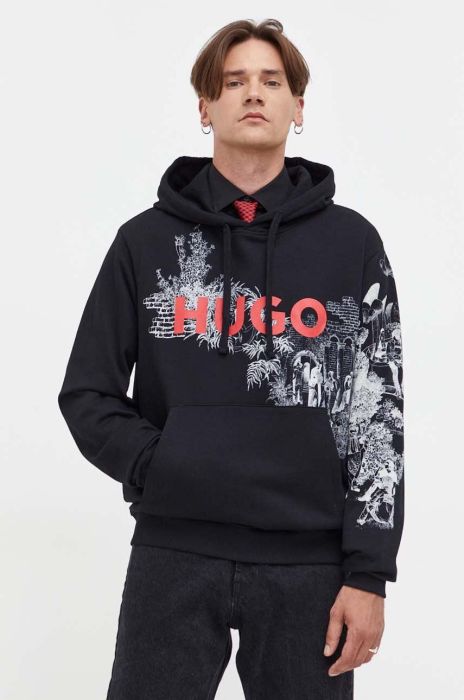 Бавовняна кофта HUGO чоловіча колір чорний з капюшоном з принтом (3632682)