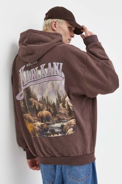 Бавовняна кофта Karl Kani чоловіча колір коричневий з капюшоном з принтом
