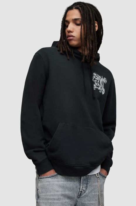 Бавовняна кофта AllSaints SABRERATTLER чоловіча колір чорний з капюшоном з принтом