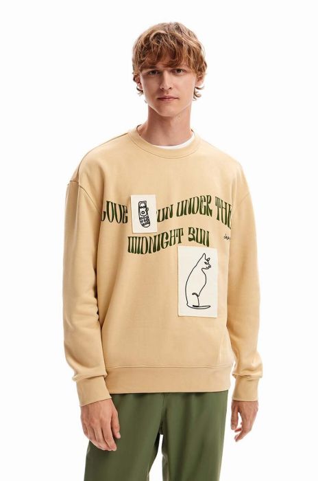 Бавовняна кофта Desigual 23WMSK07 SWEAT_JESUS чоловіча колір бежевий з принтом