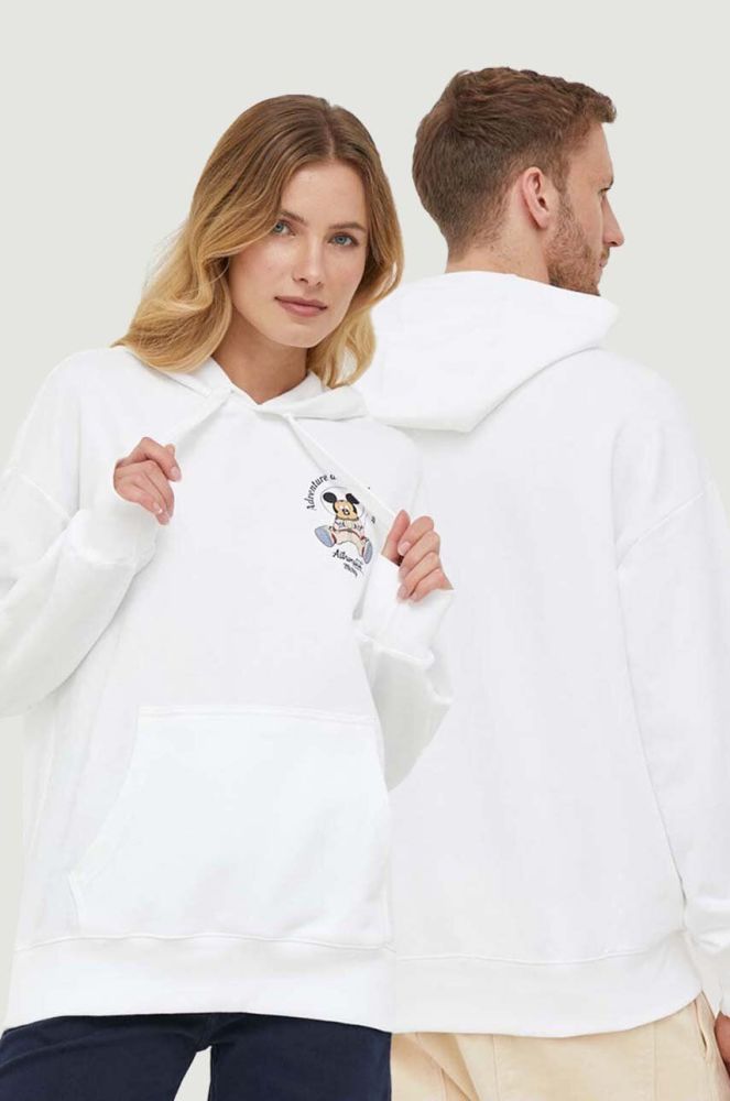 Бавовняна кофта United Colors of Benetton DISNEY колір білий з капюшоном з принтом
