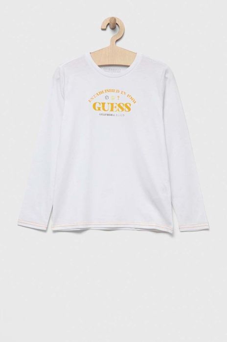 Дитячий бавовняний лонгслів Guess колір білий з принтом (3321918)