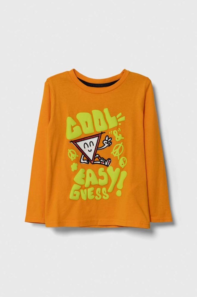 Дитячий бавовняний лонгслів Guess колір помаранчевий з принтом (3403391)