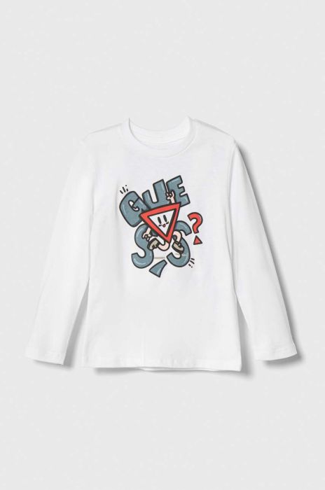 Дитячий бавовняний лонгслів Guess колір білий візерунок (3500143)