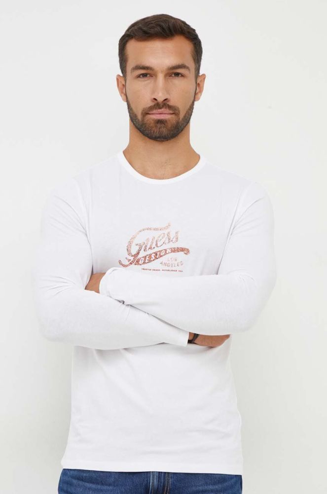 Лонгслів Guess чоловічий колір білий з принтом