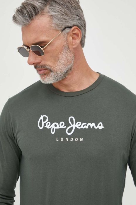 Бавовняний лонгслів Pepe Jeans Eggo колір зелений з принтом