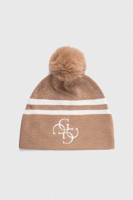Шапка з домішкою вовни Guess колір коричневий з тонкого трикотажу
