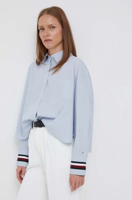 Бавовняна сорочка Tommy Hilfiger жіноча relaxed класичний комір колір блакитний (3389066)