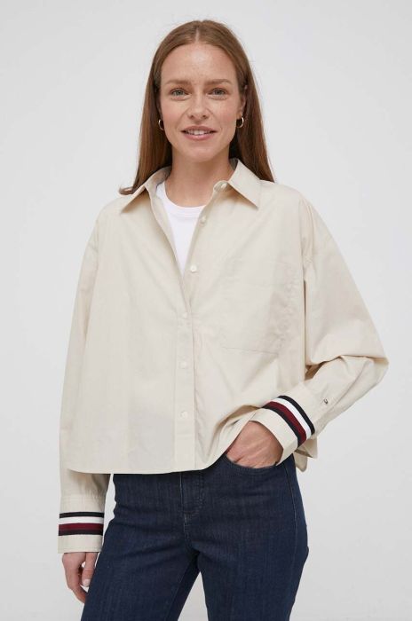 Бавовняна сорочка Tommy Hilfiger жіноча колір бежевий relaxed класичний комір