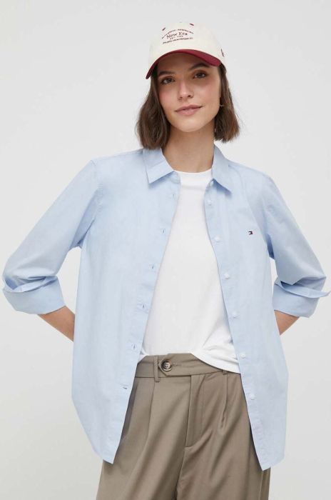 Бавовняна сорочка Tommy Hilfiger жіноча regular класичний комір колір блакитний (3424229)