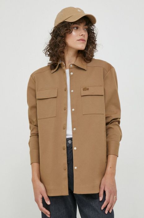 Сорочка Lacoste жіноча колір бежевий regular класичний комір