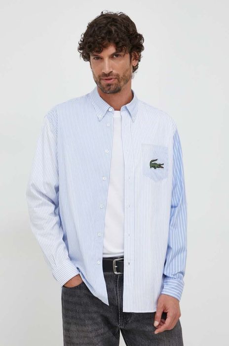 Бавовняна сорочка Lacoste чоловіча relaxed комір button-down колір блакитний