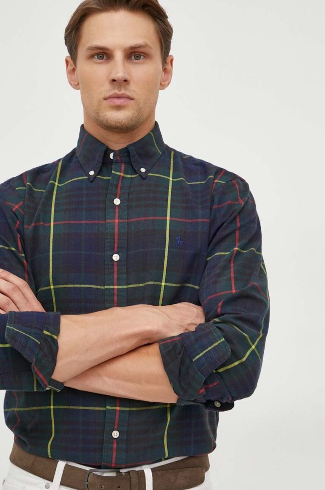 Бавовняна сорочка Polo Ralph Lauren чоловіча regular комір button-down колір зелений (3429288)
