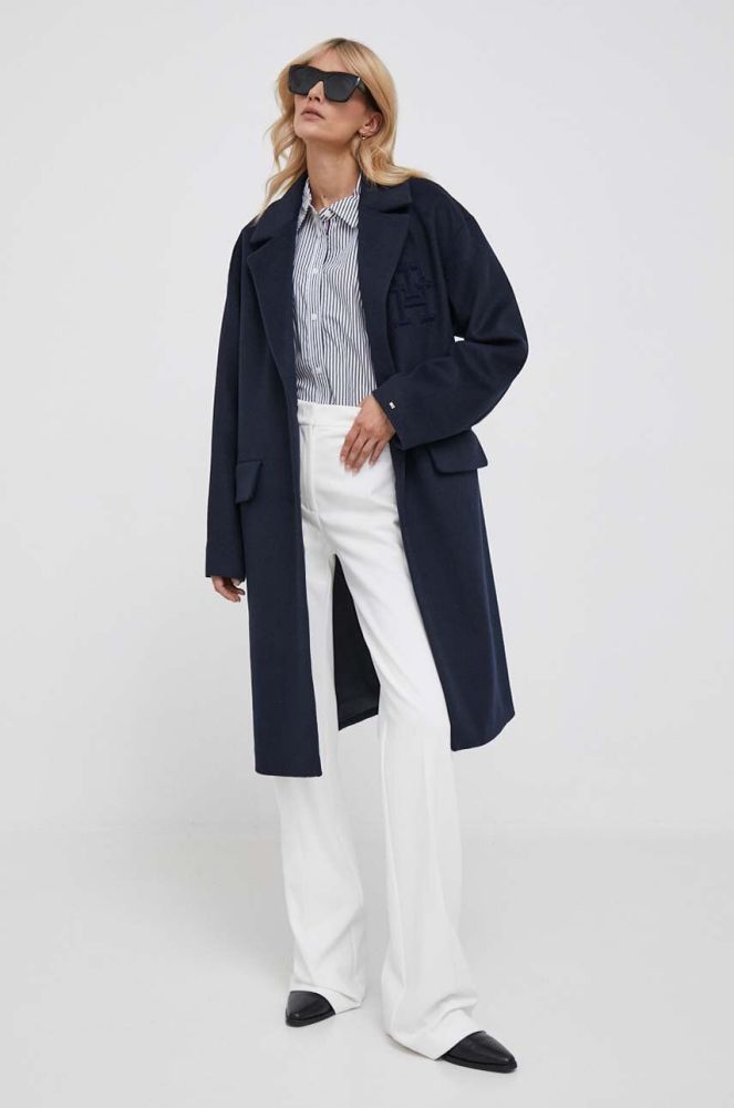 Вовняне пальто Tommy Hilfiger колір синій перехідний oversize