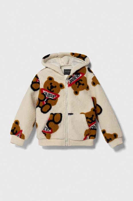 Куртка Guess колір бежевий з капюшоном візерунок