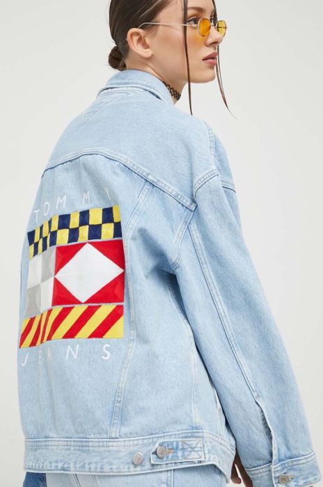 Джинсова куртка Tommy Jeans жіноча перехідна oversize колір блакитний (3369593)
