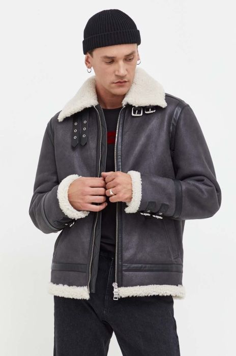 Шкіряна куртка HUGO чоловіча колір сірий перехідна