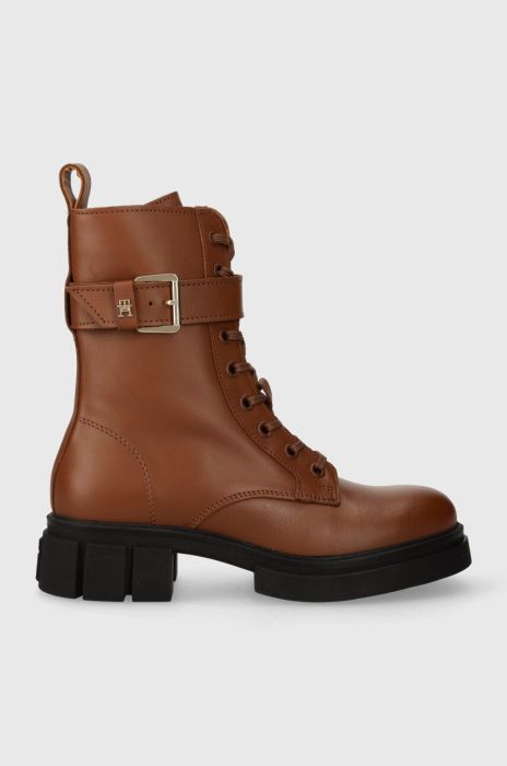 Шкіряні черевики Tommy Hilfiger COOL FEMININE BIKERBOOT жіночі колір коричневий на плоскому ходу FW0FW07322