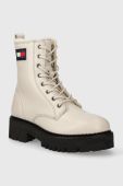 Шкіряні черевики Tommy Jeans TJW URBAN BOOT TUMBLED LTR WL жіночі колір бежевий на плоскому ходу утеплене EN0EN02317