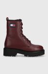 Шкіряні черевики Tommy Jeans TJW URBAN BOOT TUMBLED LTR WL жіночі колір бордовий на плоскому ходу утеплене EN0EN02317